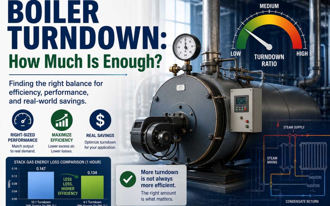 Industrial boiler with turndown ratio gauge, steam piping diagram, and efficiency chart explaining how much boiler turndown is enough.