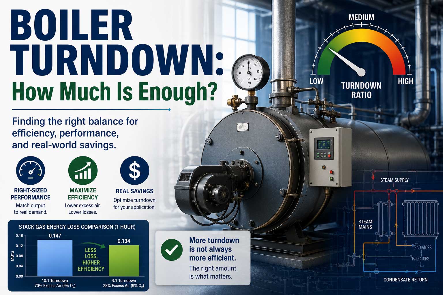 Industrial boiler with turndown ratio gauge, steam piping diagram, and efficiency chart explaining how much boiler turndown is enough.