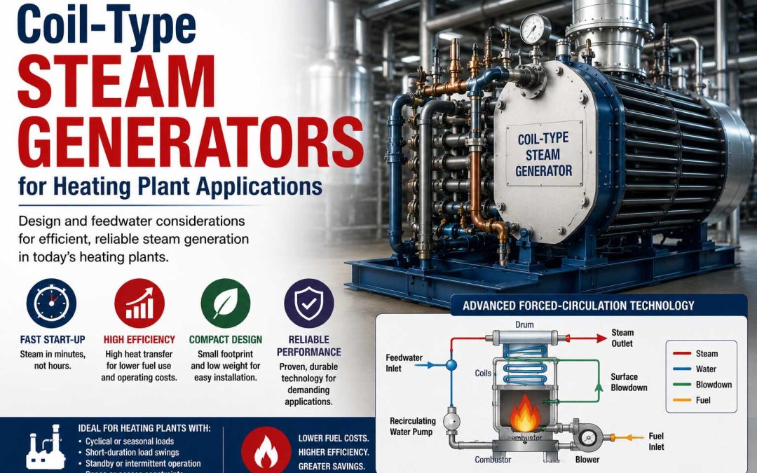 Coil-type steam generator for heating plant applications with industrial piping, control components, and a system diagram illustrating compact, efficient steam generation.