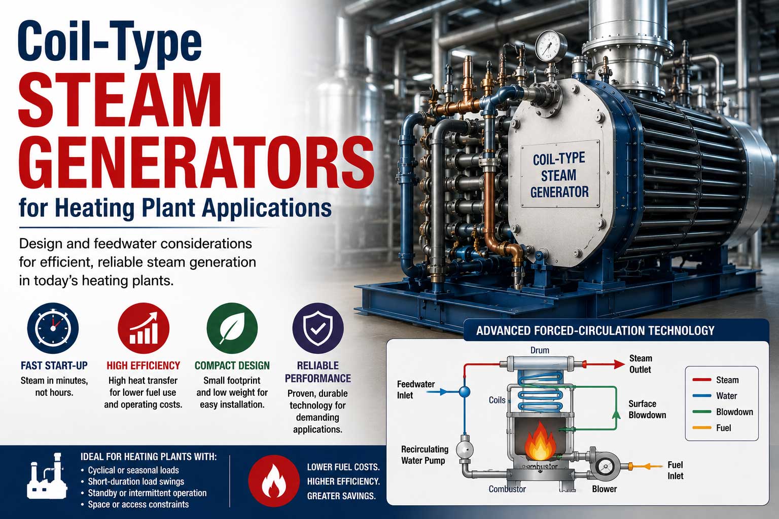Coil-type steam generator for heating plant applications with industrial piping, control components, and a system diagram illustrating compact, efficient steam generation.