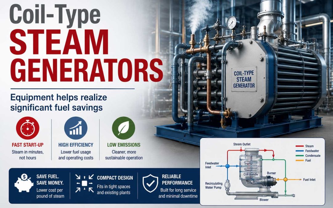 Coil-type steam generator with industrial piping and system diagram, illustrating fast startup, fuel savings, and efficient steam production.