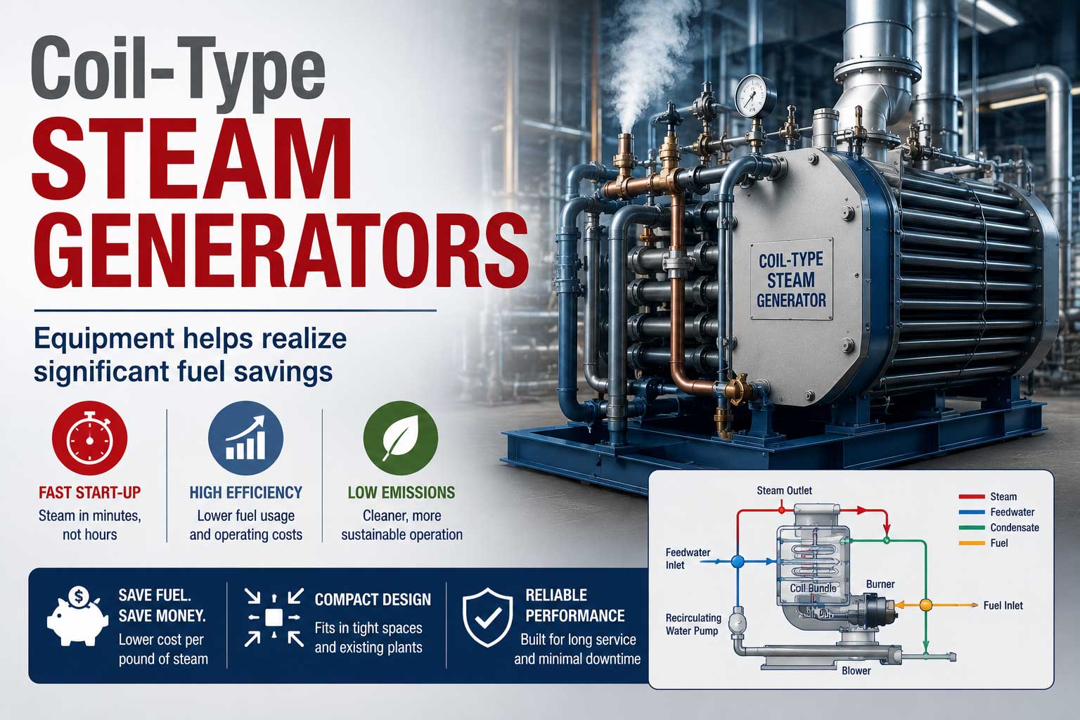 Coil-type steam generator with industrial piping and system diagram, illustrating fast startup, fuel savings, and efficient steam production.