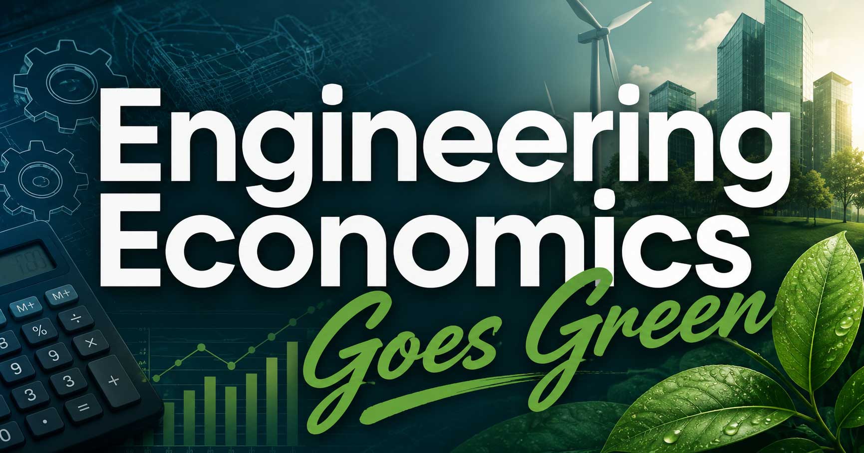 Engineering economics concept showing charts, calculator, green leaves, wind energy, and sustainable buildings for an article about the cost benefits of green building.