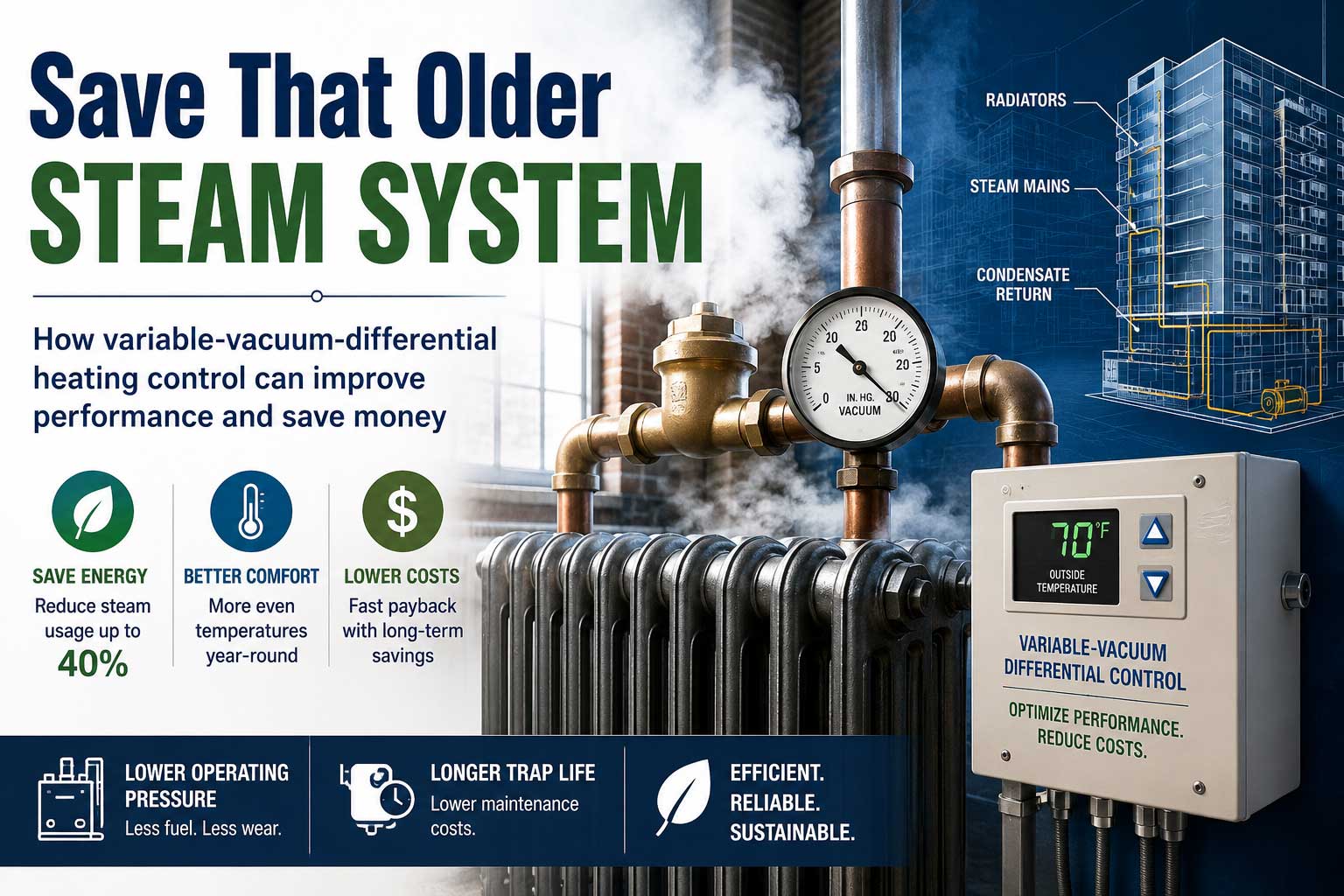 Older steam heating system with radiator, vacuum gauge, piping diagram, and variable-vacuum differential control panel showing energy-saving retrofit benefits.