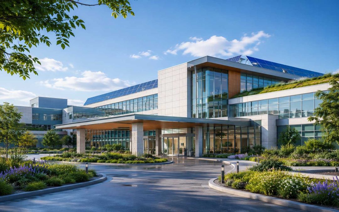 Modern sustainable health facility with energy-efficient design and landscaped entrance