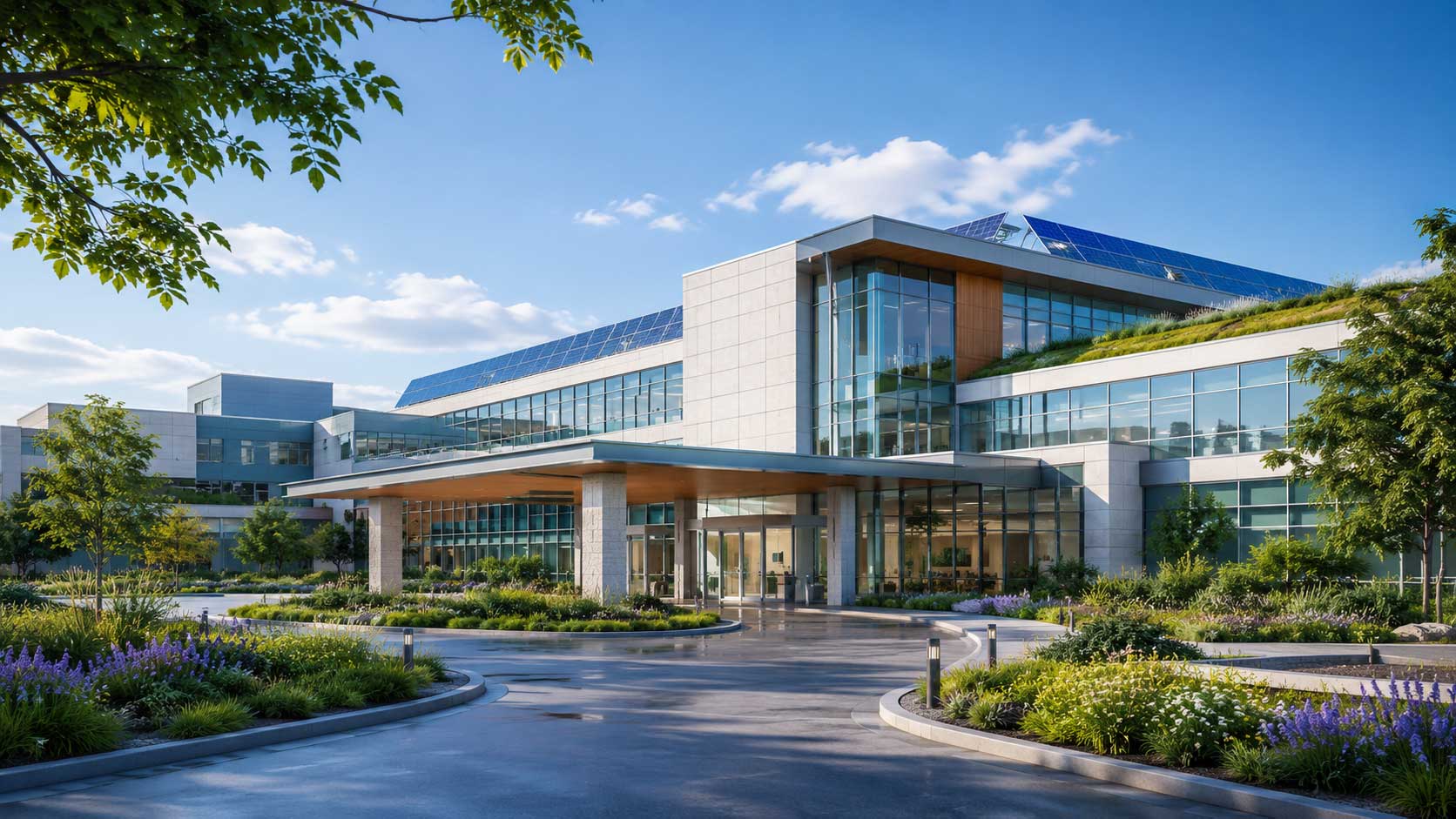 Modern sustainable health facility with energy-efficient design and landscaped entrance